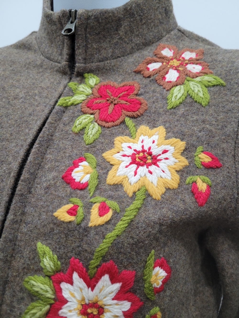 Y2K France Made 85% Wool Brown Embroidery Flower Zip Up Jacket Top Size: XS - Picture 4 of 9
